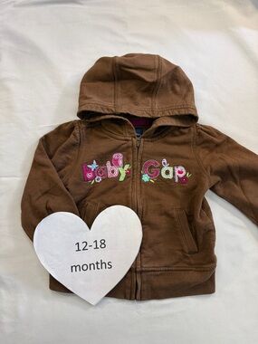 GAP Brown Hooded Zip Sweatshirt with Colorful Embroidered Logo
